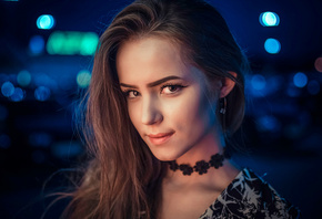 women, face, smiling, choker, portrait, eyeliner, bokeh