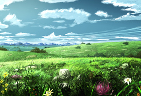 flowers, soyokaze, the sky, art, meadow, painting, landscape