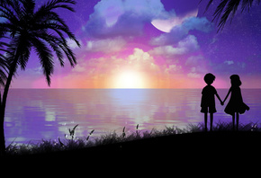 girl, palm trees, boy, art, toyboj, shore, sea, silhouettes, the evening, landscape