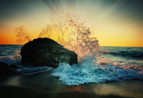 sea, stone, dawn, shore, beach, squirt