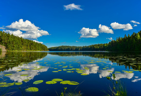 Белые облака в небе и их отражение в озере, окруженном лесом, фотограф оdi обои для рабочего стола