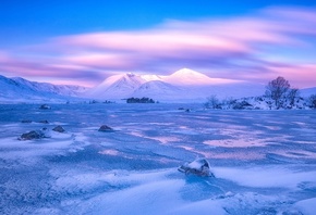 clouds, swamp, plain, ice, Rannoch Moor, Scotland, trees, winter, mountains ...
