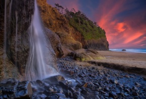 sunset, stones, rocks, Hug Point State Park, Hug Point Falls, Oregon, The P ...