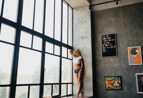 women, belly, tattoo, jean shorts, window, door, pierced navel, blonde, wall