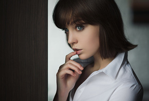 women, Olya Pushkina, white shirt, face, Sergey Fat, finger on lips, blue eyes, portrait
