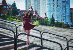 women, dress, high heels, stairs, women outdoors, depth of field, building