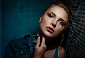 Carla Sonre, women, face, portrait, Damian Piorko, denim, blonde