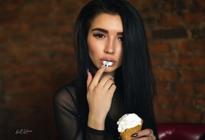 women, face, portrait, wall, bricks, finger on lips, ice cream, black hair