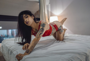 women, tattoo, brunette, in bed, red lingerie, lamp, ass, eyeliner