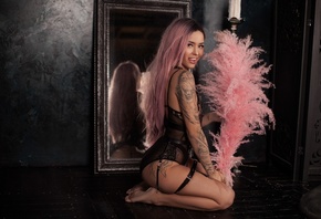 women, pink hair, tanned, mirror, reflection, dyed hair, tattoo, ass, on the floor, kneeling, smiling, black lingerie, tongues, lip ring