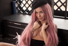 women, tanned, pink hair, dyed hair, tattoo, strategic covering, pink lipst ...