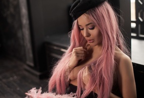 women, tanned, pink hair, dyed hair, tattoo, lip ring, long hair, portrait, ...