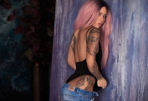 women, tanned, pink hair, dyed hair, tattoo, monokinis, jeans, ass, lip rin ...