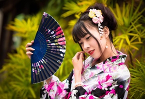 Asian, kimono, girl, fan