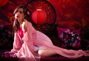 red, background, color, girl, Chinese, shawl, lantern, Asian