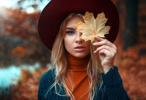 women, blonde, leaves, blue eyes, hat, portrait, depth of field, turtleneck ...