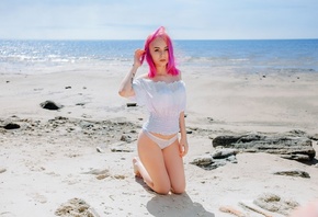 women, pink hair, women outdoors, kneeling, tattoo, sand, beach, white panties, sea, dyed hair