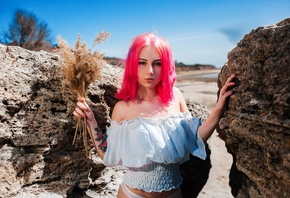 women, pink hair, women outdoors, dyed hair, portrait, tattoo, rocks, white ...