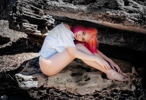 women, pink hair, women outdoors, dyed hair, tattoo, sitting, white panties ...