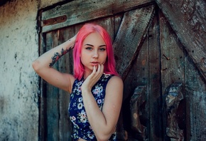 women, pink hair, portrait, tattoo, dyed hair, blue eyes