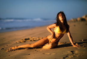 women, Yellow bikini, tanned, sand, sea, belly, beach, women outdoors, hips
