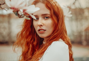 women, face, portrait, women outdoors, depth of field, redhead, freckles