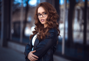 women, portrait, pink lipstick, leather jackets, women with glasses