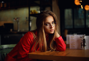 women, Dmitry Arhar, blonde, sitting, chair, table, women with glasses, pink lipstick