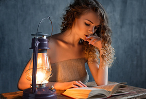 women, blonde, books, table, pink nails, gas lamps, curly hair, portrait
