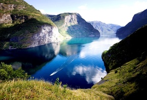 природа, пейзаж, горы, фьорд, лодка, Норвегия