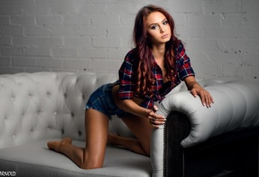 women, tanned, jean shorts, plaid shirt, couch, kneeling, wall, bricks, dye ...