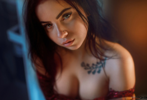 Angelina Sorokina, women, portrait, boobs, pierced nose, pink lipstick, face