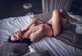 women, nose ring, black panties, tattoo, topless, in bed, pillow, lying on  ...