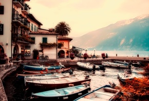 Италия, озеро, Гарда, горы, дома, причал, лодки