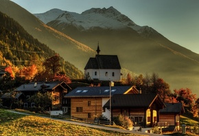 forest, autumn, sky, sun, Wallis, Goms, stone house, trees, mountains, Switzerland