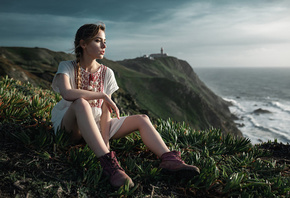 women, Ksenia Kokoreva, blonde, sitting, sea, shoes, women outdoors, looking away