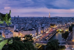 Париж, город, дома, река, здания, башня, скульптура, вечер, освещение