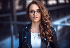 women, face, leather jackets, blue eyes, portrait, necklace, women with glasses, pink lipstick