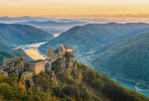 Австрия, горы, река, крепость, замок, природа, пейзаж