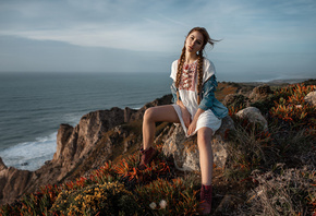 Ksenia Kokoreva, women, pigtails, sitting, dress, sea, shoes, women outdoors, denim