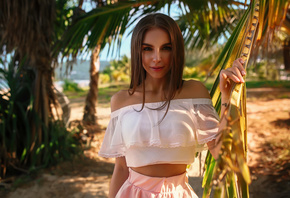 Galina Dubenenko, women, women outdoors, portrait, skirt, tanned, bare shoulders, pink nails