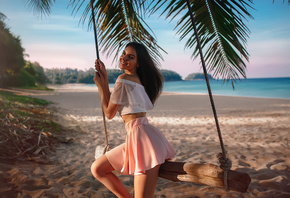 Galina Dubenenko, women, beach, sand, women outdoors, portrait, skirt, sea, tanned, bare shoulders, smiling