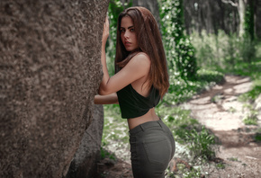 women, jeans, portrait, brunette, depth of field, women outdoors