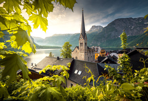 Австрия, Austria, городок, поселок, Гальштат, Hallstatt, озеро, дома, церко ...