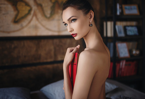 women, portrait, Sergey Fat, red lipstick, books, strategic covering, pillow, in bed