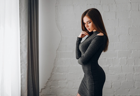 women, portrait, wall, tight dress, bricks