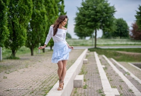 women, Guenter Stoehr, women outdoors, skirt, trees, high heels, bare shoul ...