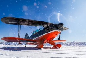 Самолет, биплан, пропеллер, зима, снег