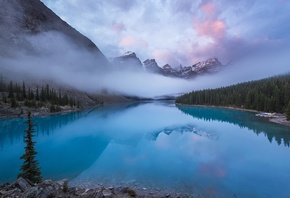 Канада, заповедник, Банф, горы, леса, озеро, природа, пейзаж, утро, туман