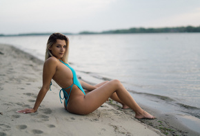 Faith Marone, women, blonde, tanned, sea, ass, pink nails, sand, swimwear,  ...